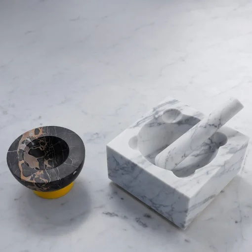 J&J White Carrara and Portoro Vena Gold Marble Mortar & Pestle