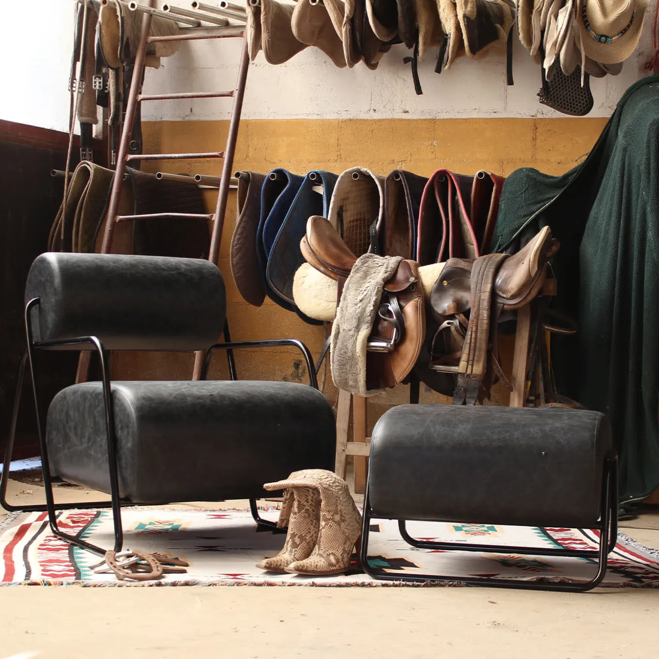 Kate Black Leather Lounge Chair and Pouf