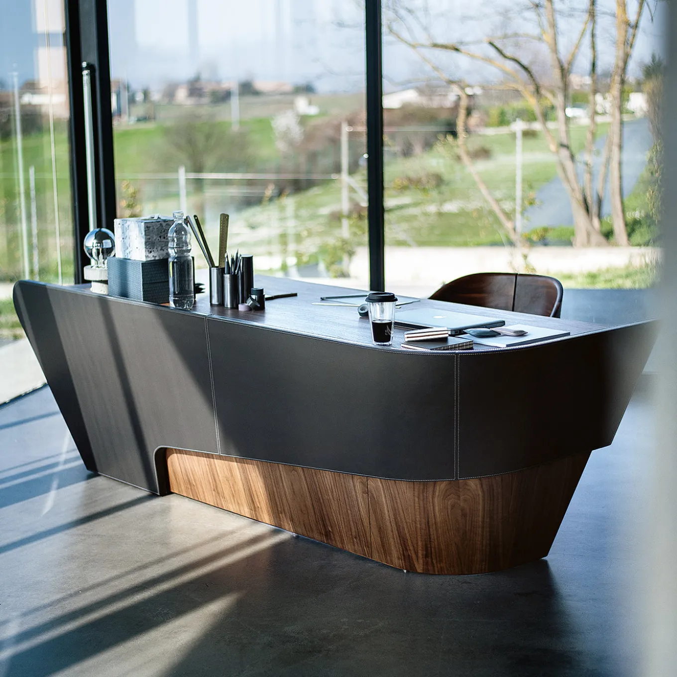 Klip solid Walnut wood and Olimpia Leather Desk by Karim Rashid