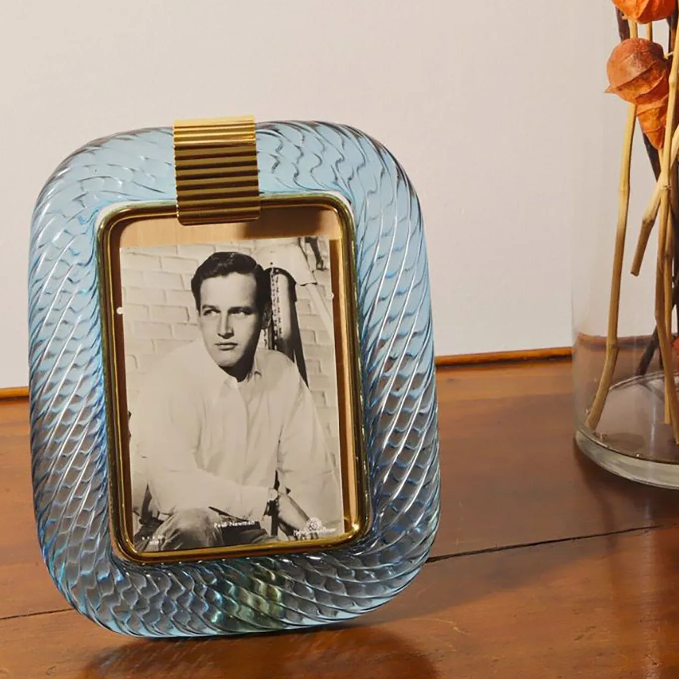 Laguna Light Blue Twisted Glass with Glossy Brass Structure Frame