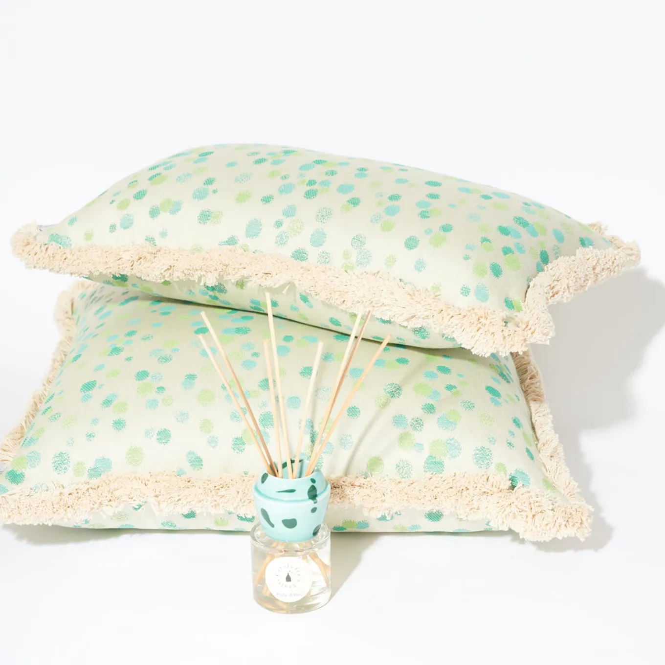 Large Aqua and Green Fringed Cushion