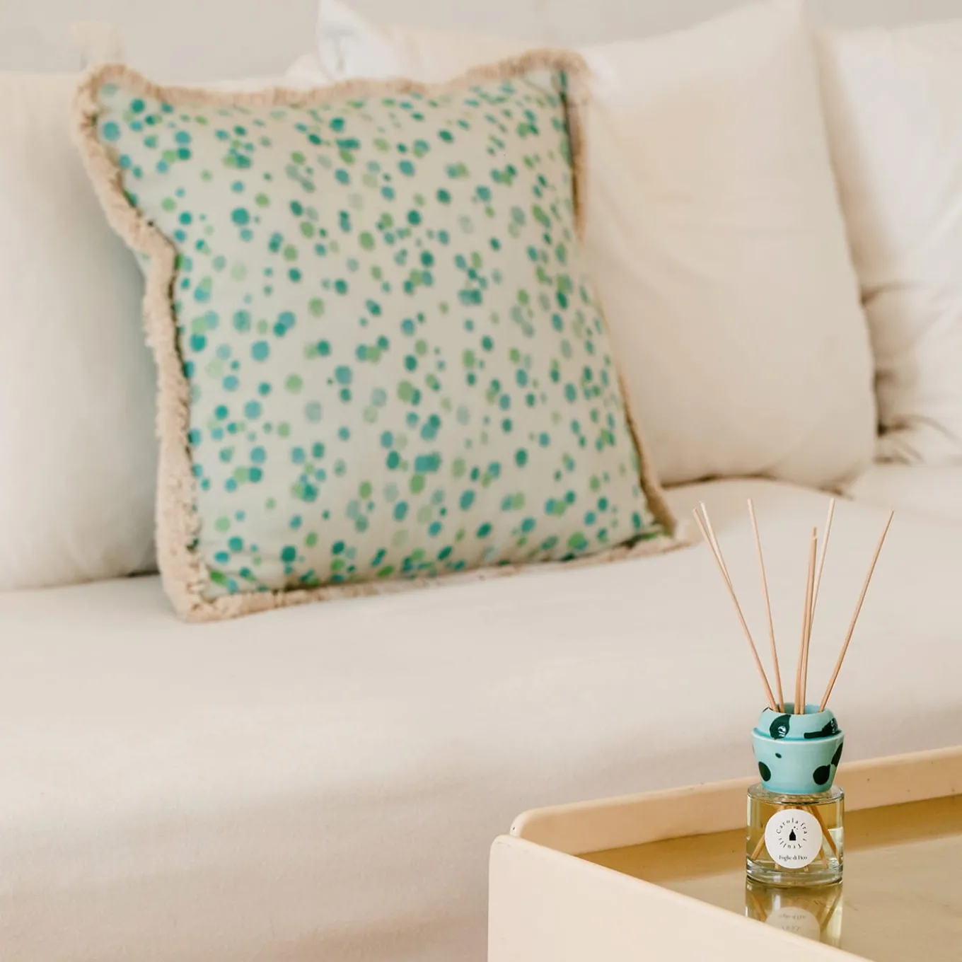 Large Aqua and Green Fringed Cushion