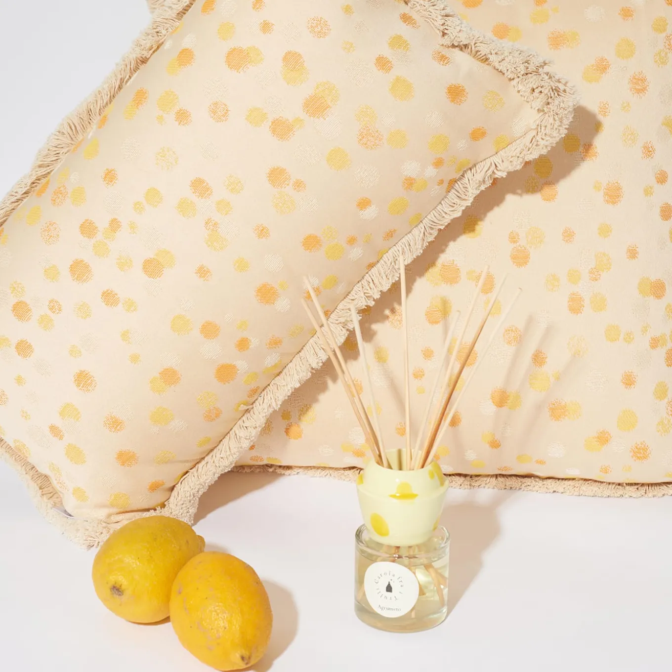 Large Cream and Yellow Fringed Cushion