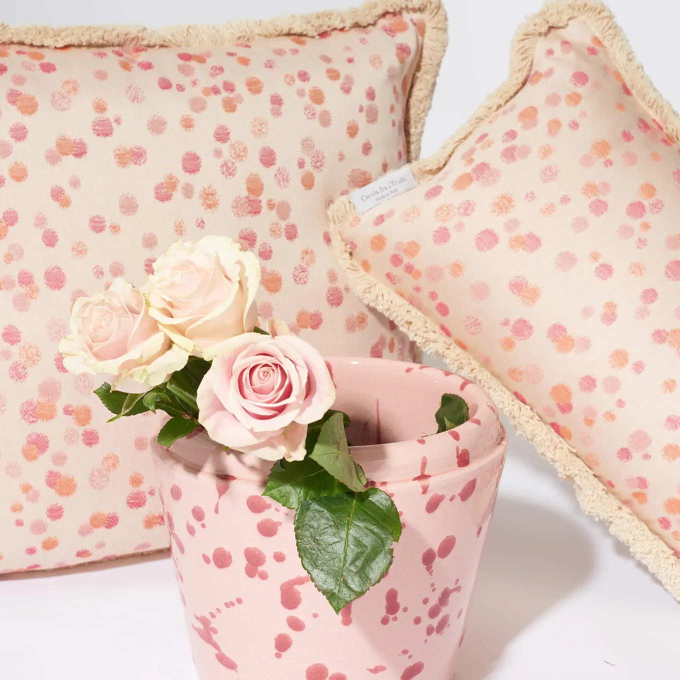 Large Rose and Coral Fringed Cushion