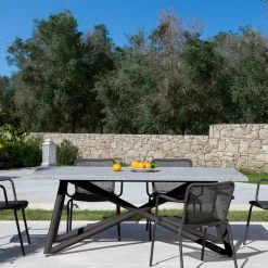 Larte 200 Rectangular Gray Peperino Stone and Brown Steel Outdoor Dining Table
