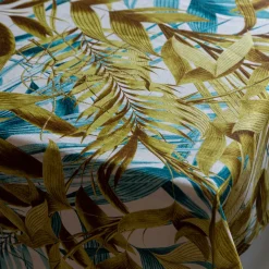 Las Palmas Linen Tablecloth With Turquoise And Yellow Palm Leaves