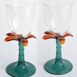 Las Palmas Set Of 6 Blown Glass Wine Glasses With Palm Tree Shape