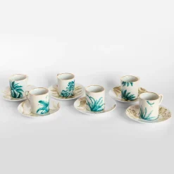Las Palmas Set Of 6 Porcelain Espresso Cups With Blue And Yellow Palms