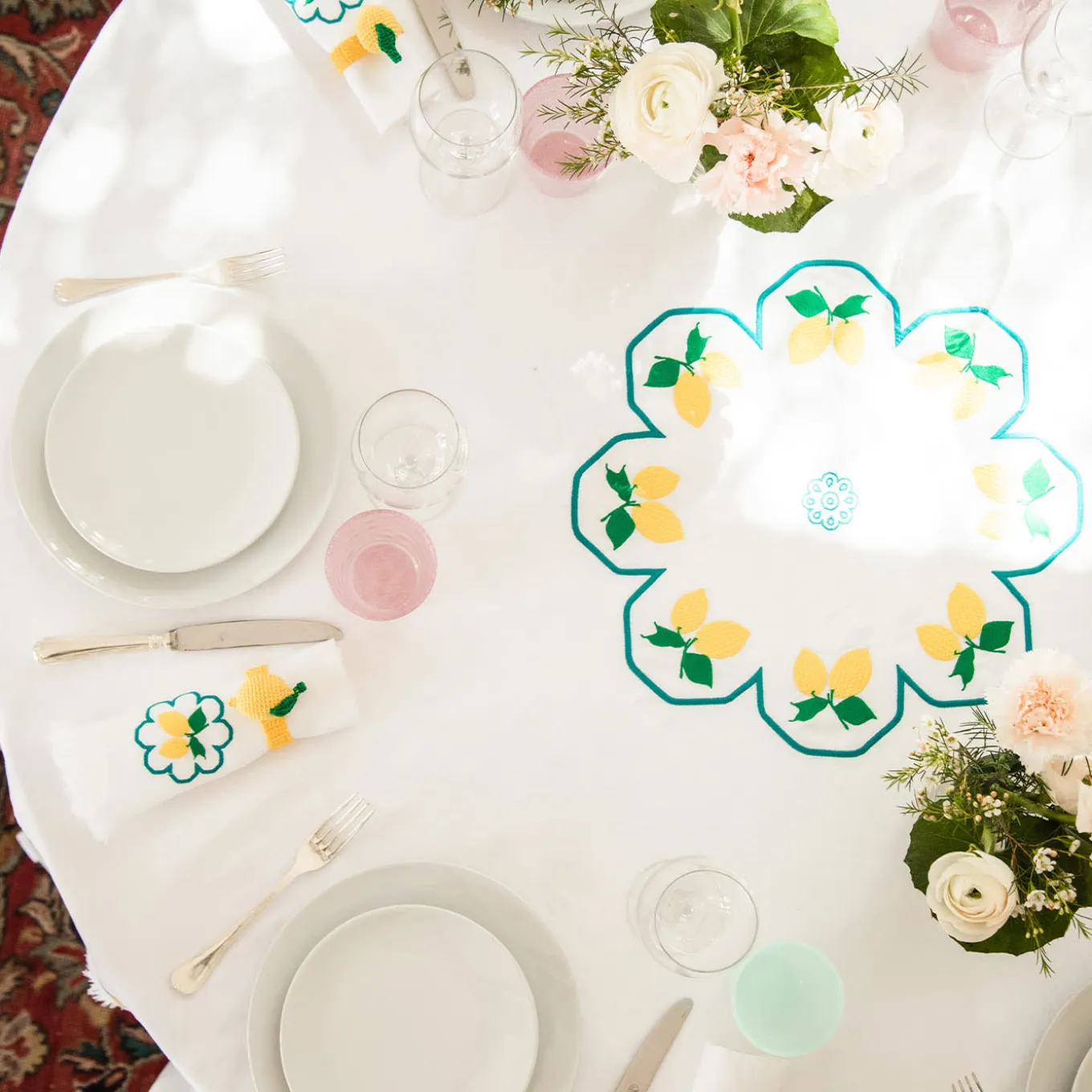 Limoni Multicolor Rectangular White Tablecloth
