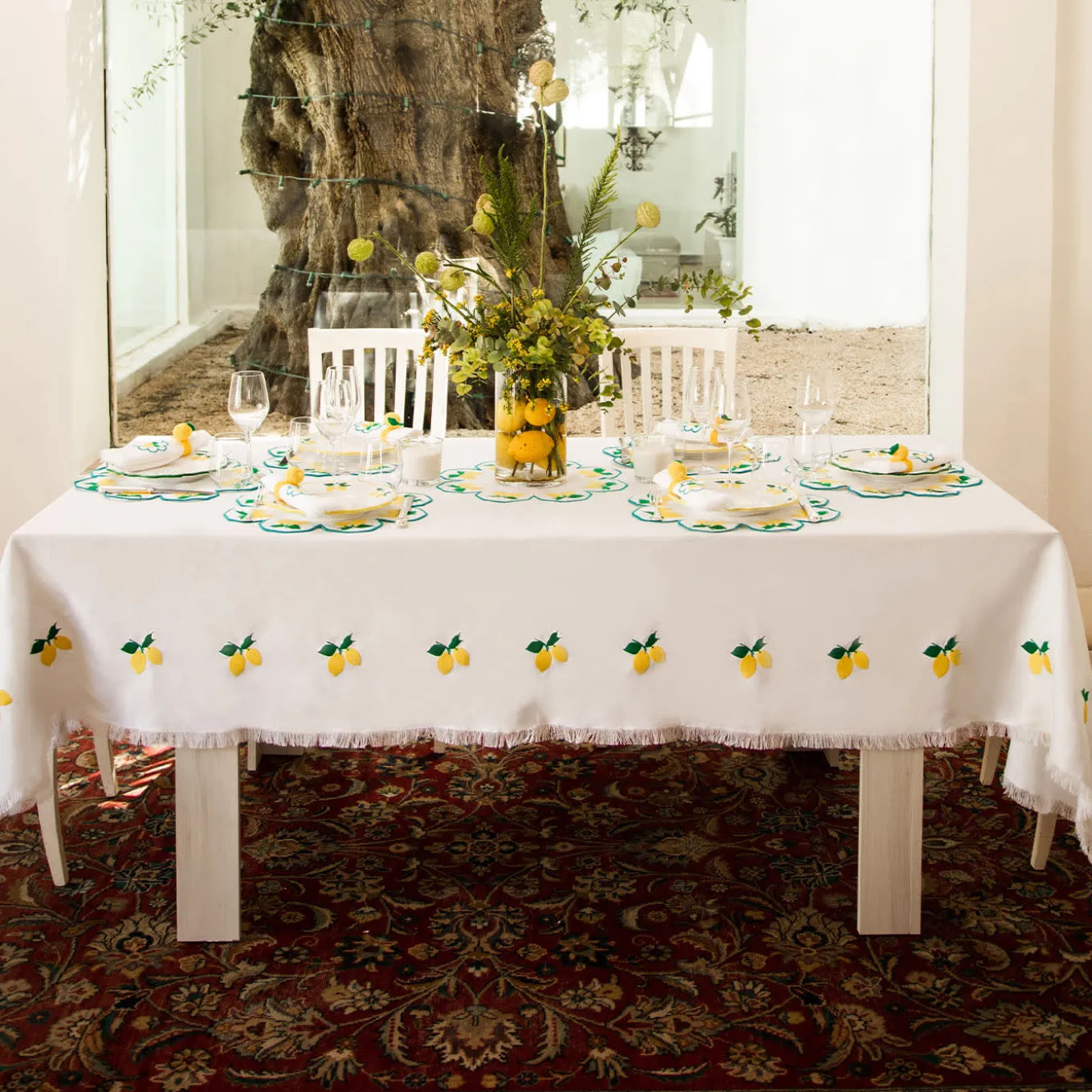 Limoni Multicolor Rectangular White Tablecloth
