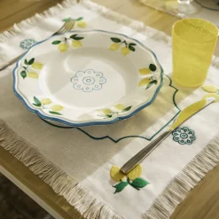 Limoni Set of 2 Embroidered Fringed White Table Mats