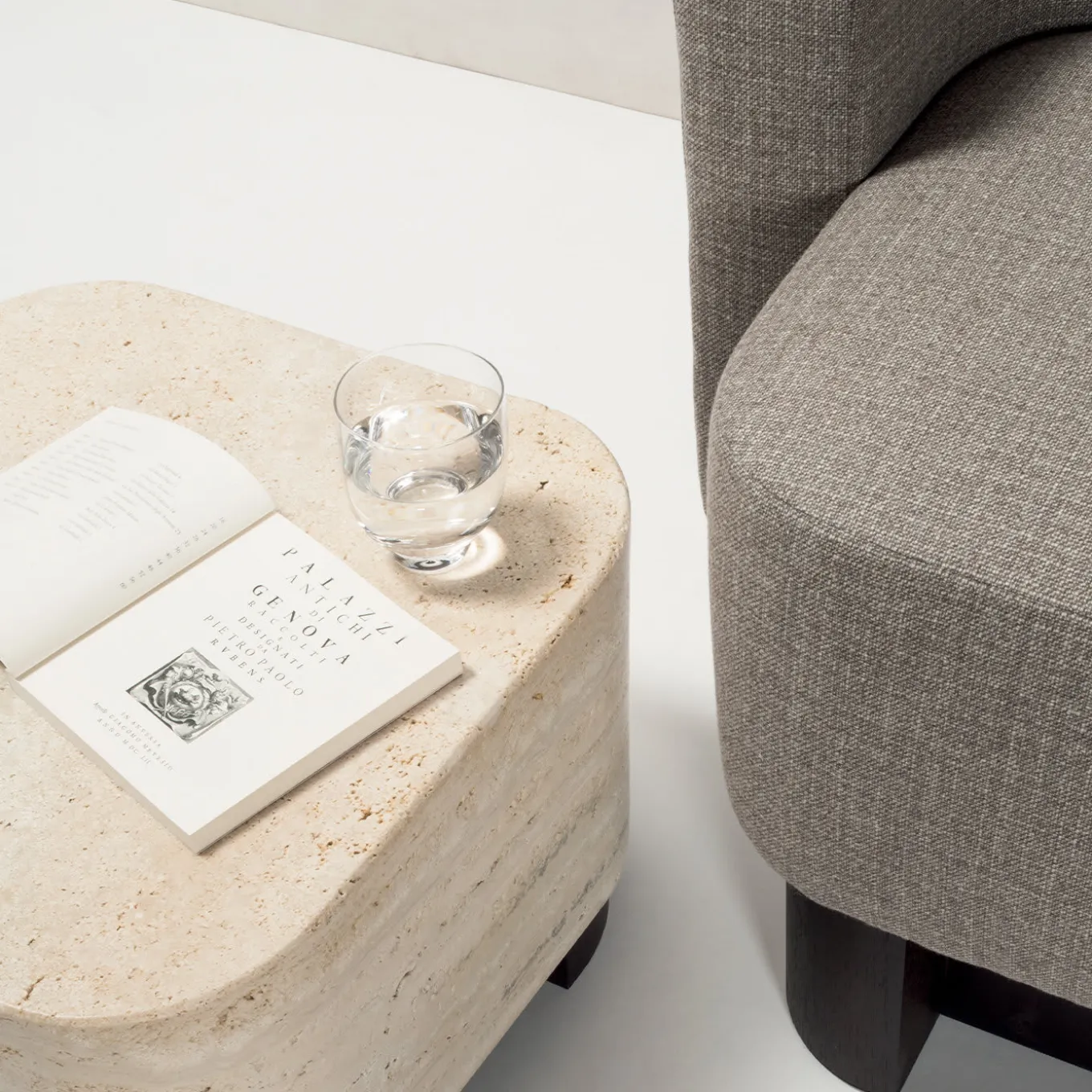 Lloyd Travertine Marble Round Walnut Modern Side Table