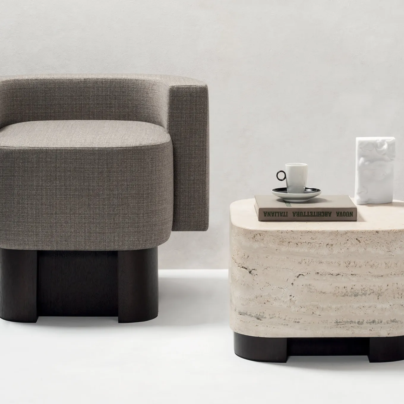 Lloyd Travertine Marble Round Walnut Modern Side Table