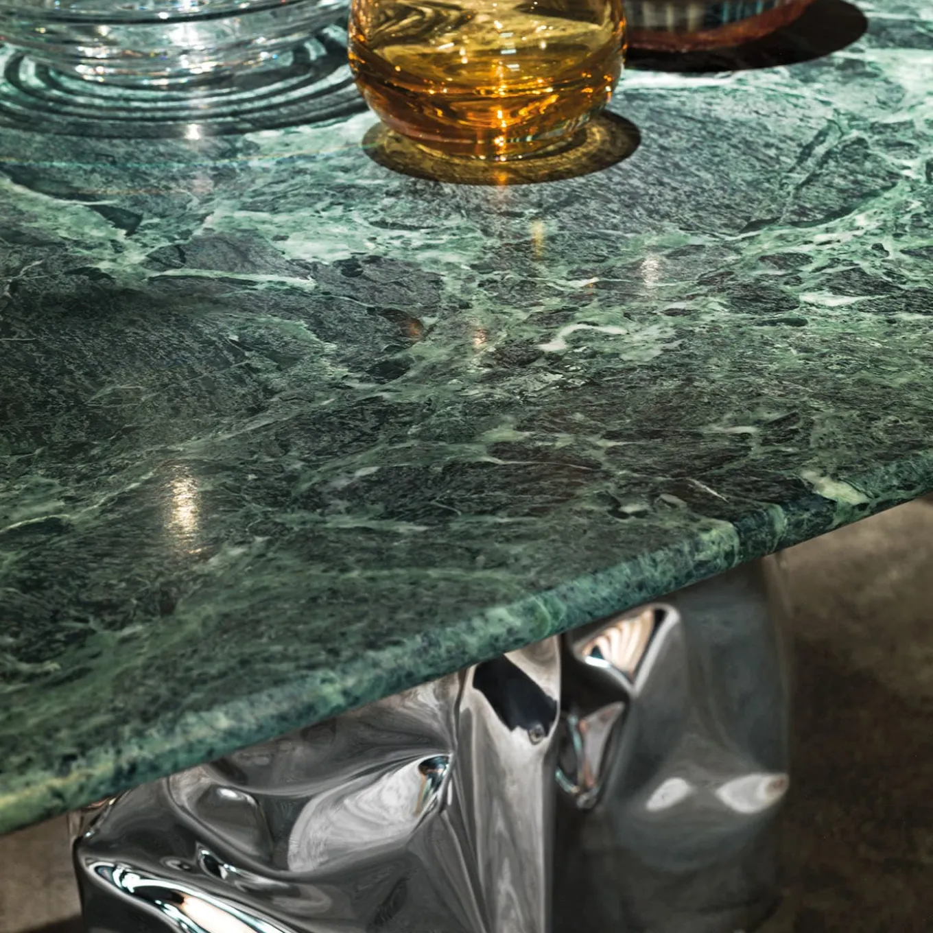 Lotus Verde Alpi Marble & Steel Dining Table