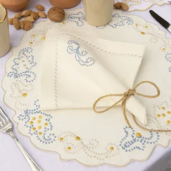 Luminaria Festa Set of 2 Light-Blue-Embroidered Linen Napkins