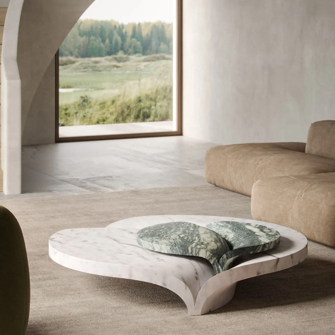 Luna Table in Green Luana and White Carrara Marble