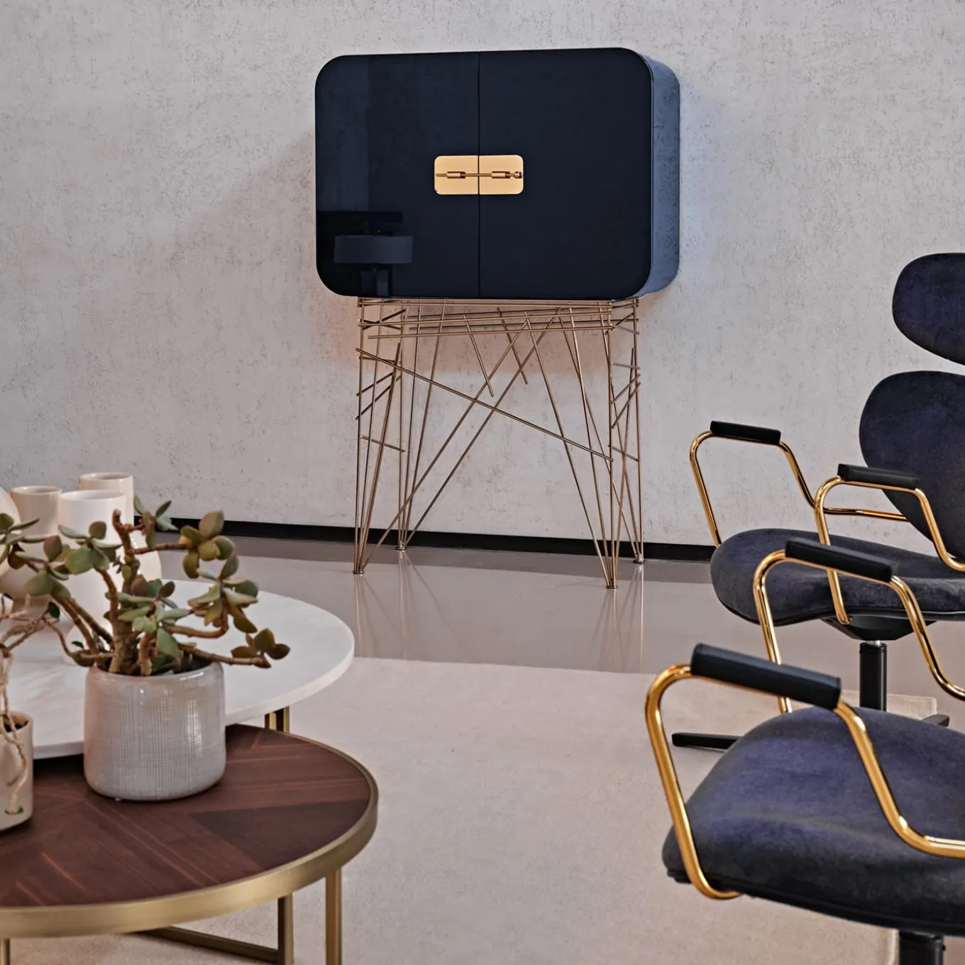 Mai Tai Blue-Black Wooden & Golden Metal Bar Cabinet