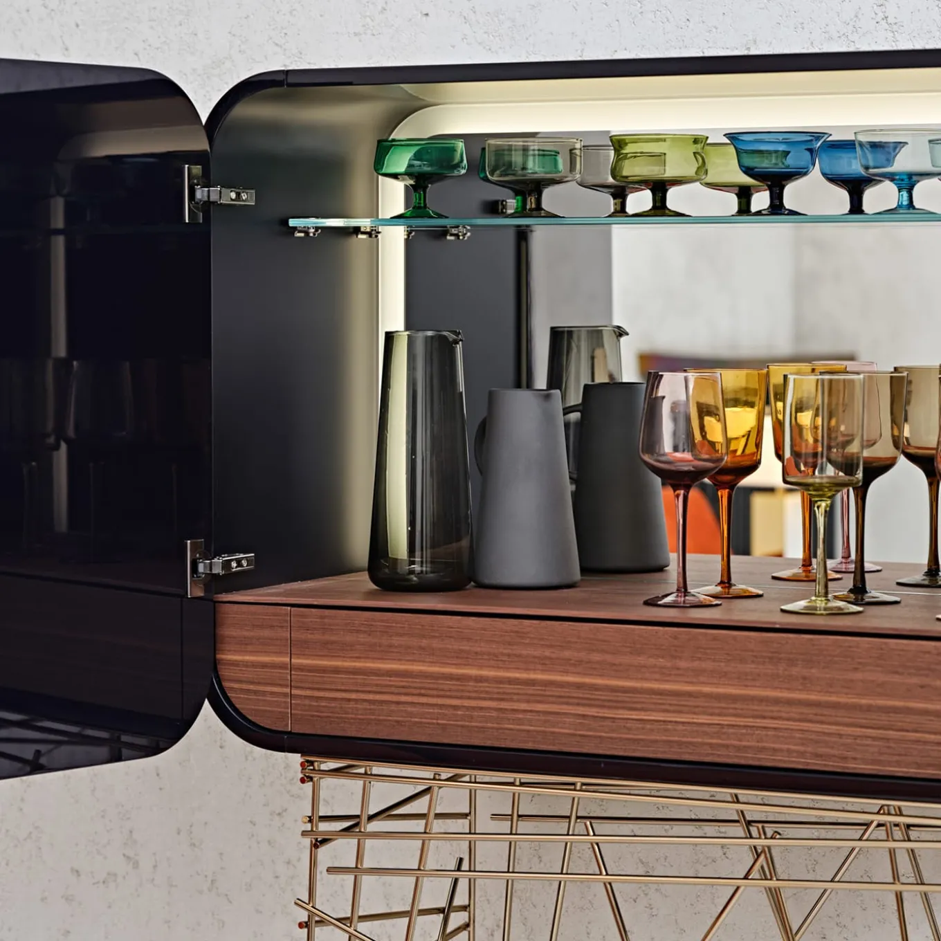 Mai Tai Blue-Black Wooden & Golden Metal Bar Cabinet