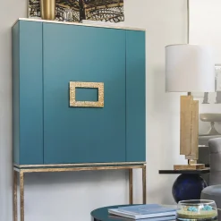 Marion Turquoise Matte Lacquer & Gold Bar Cabinet