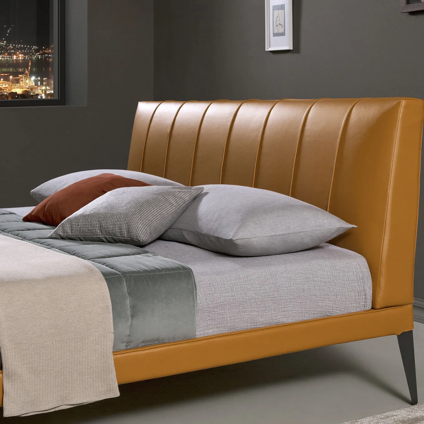 Megan King-Size Orange Bed with Striped Headboard