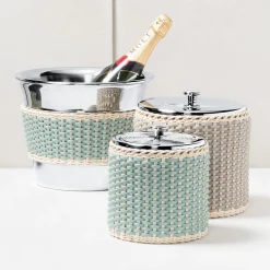 Menton Large Gray Leather & Rattan Ice Bucket