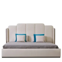 Milano Bed in Cappuccino Eco-Leather with Walnut Canaletto Panels