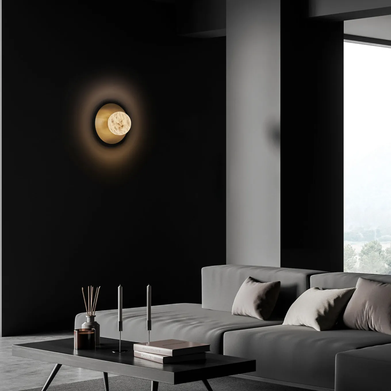 Mini Alabaster Moon Wall Sconce in Satin Brass