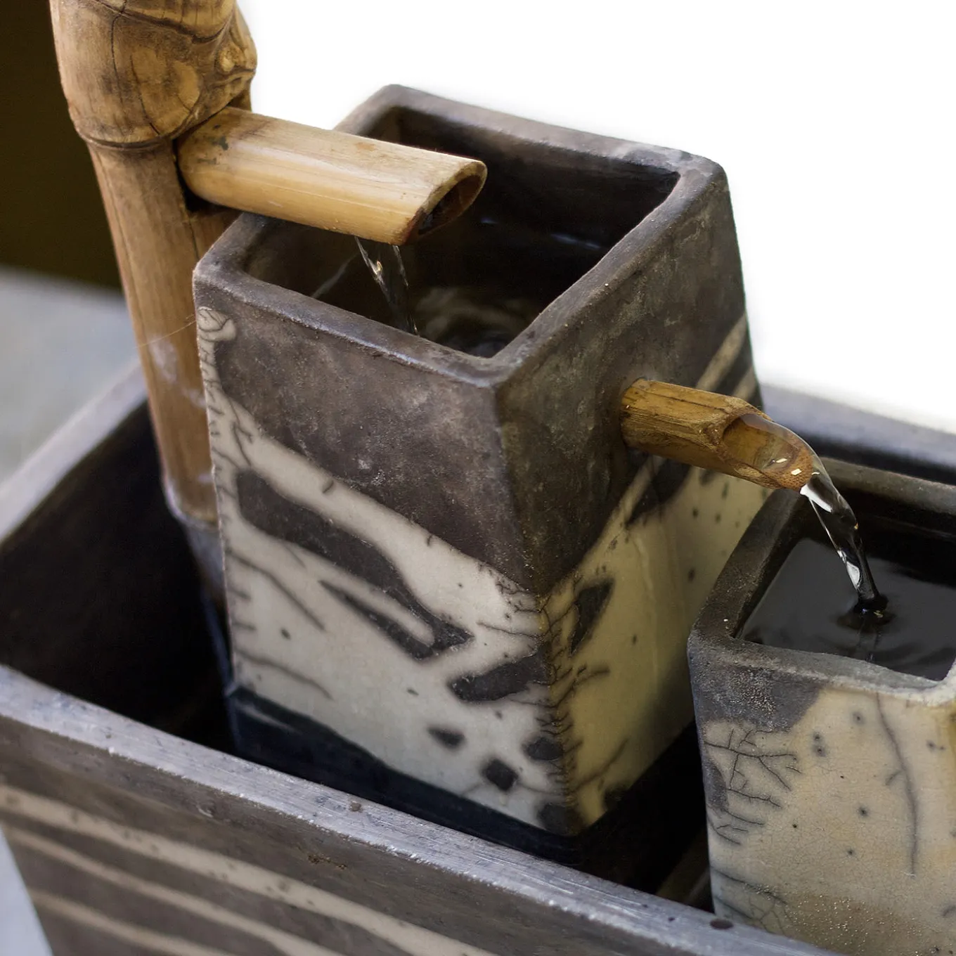 Modern Genesi Bamboo Black and White Crackle Ceramic Fountain