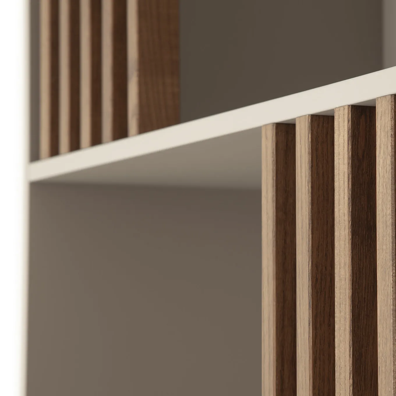 Mondrian Pechino Beige Bookcase with Solid Wood Walnut-Stained Accents