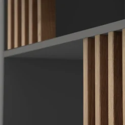 Mondrian Volcano Gray Bookcase with Solid Wood Walnut-Stained Accents