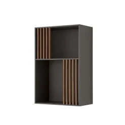 Mondrian Volcano Gray Bookcase with Solid Wood Walnut-Stained Accents