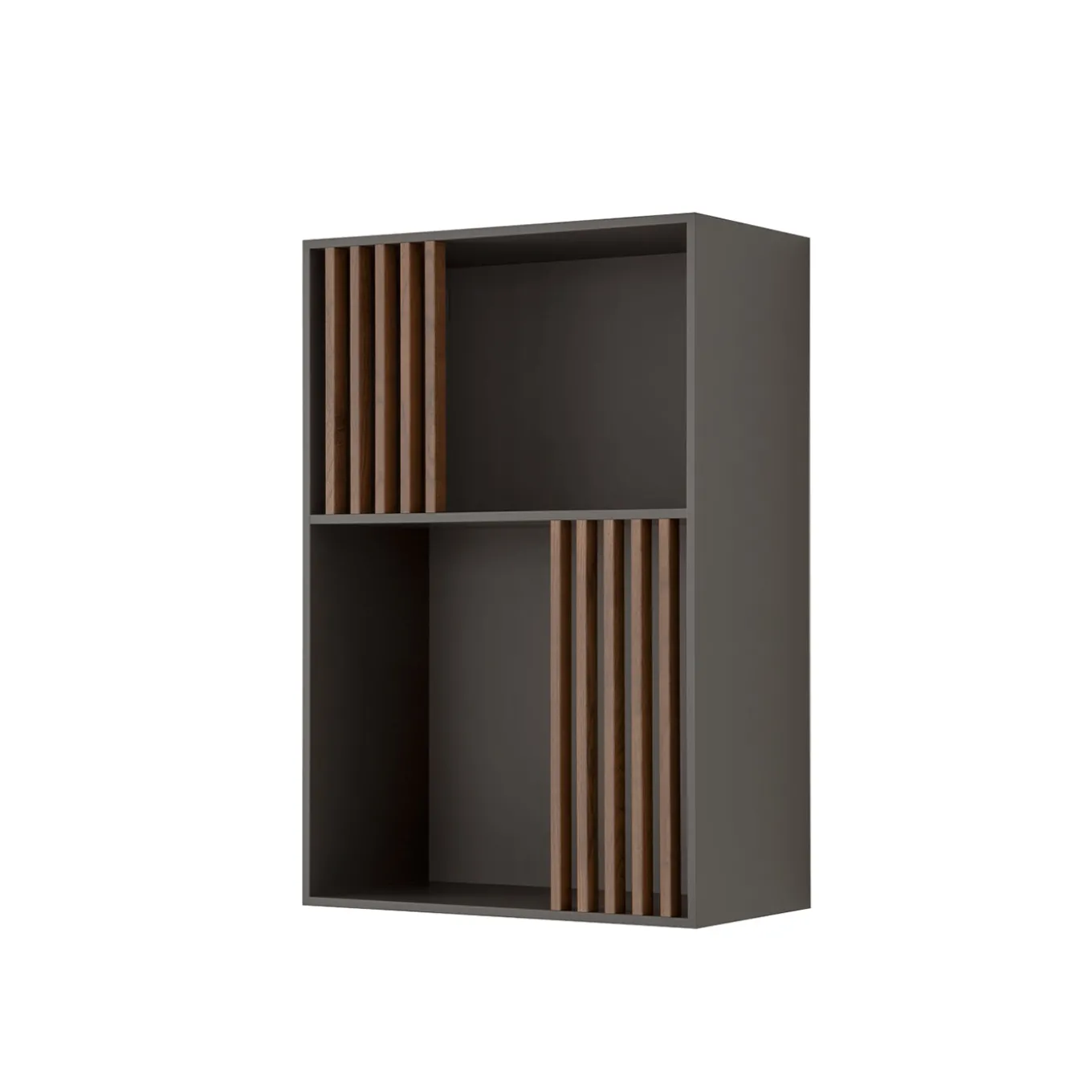 Mondrian Volcano Gray Bookcase with Solid Wood Walnut-Stained Accents