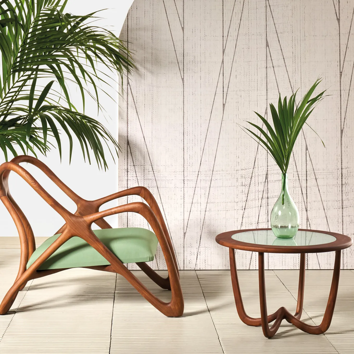 Nanto Round wood Outdoor Coffee Table with glass top