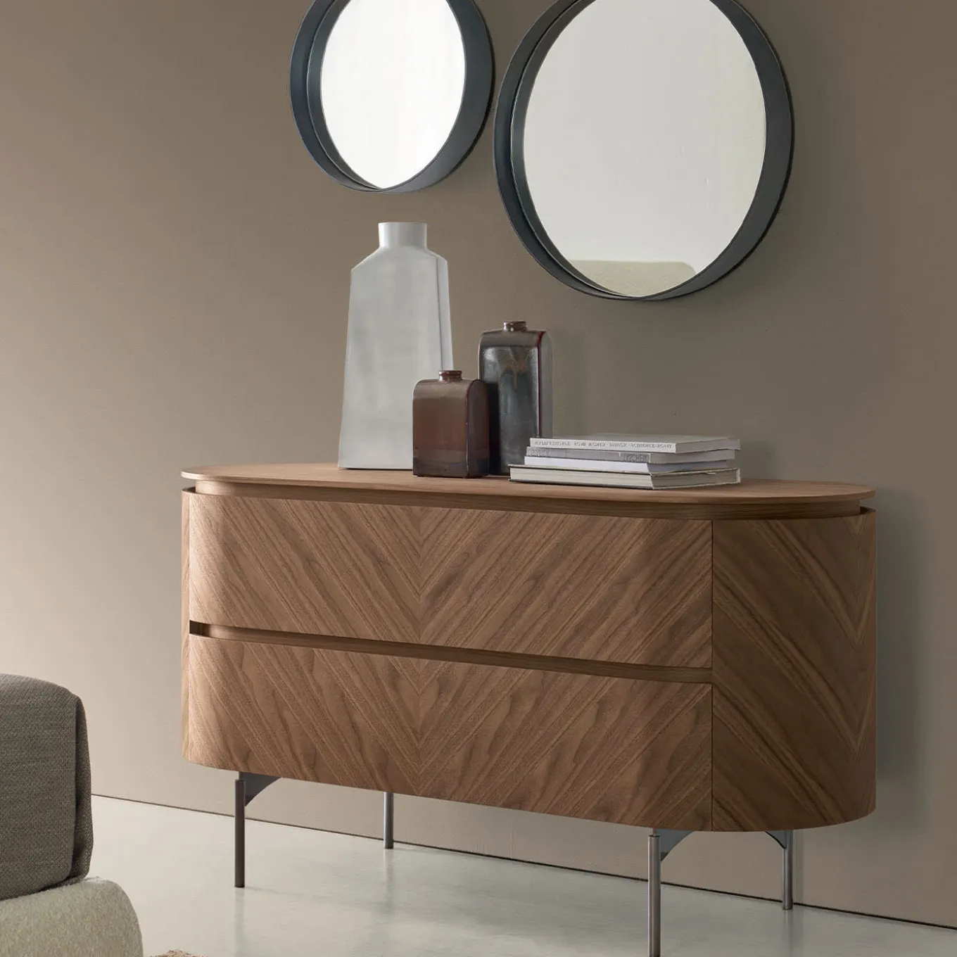 Opera Dresser in Walnut Canaletto with Nickel Legs