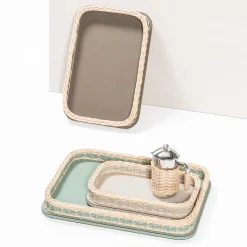 Orsay Beige Leather and Rattan Rectangular Mini Tray