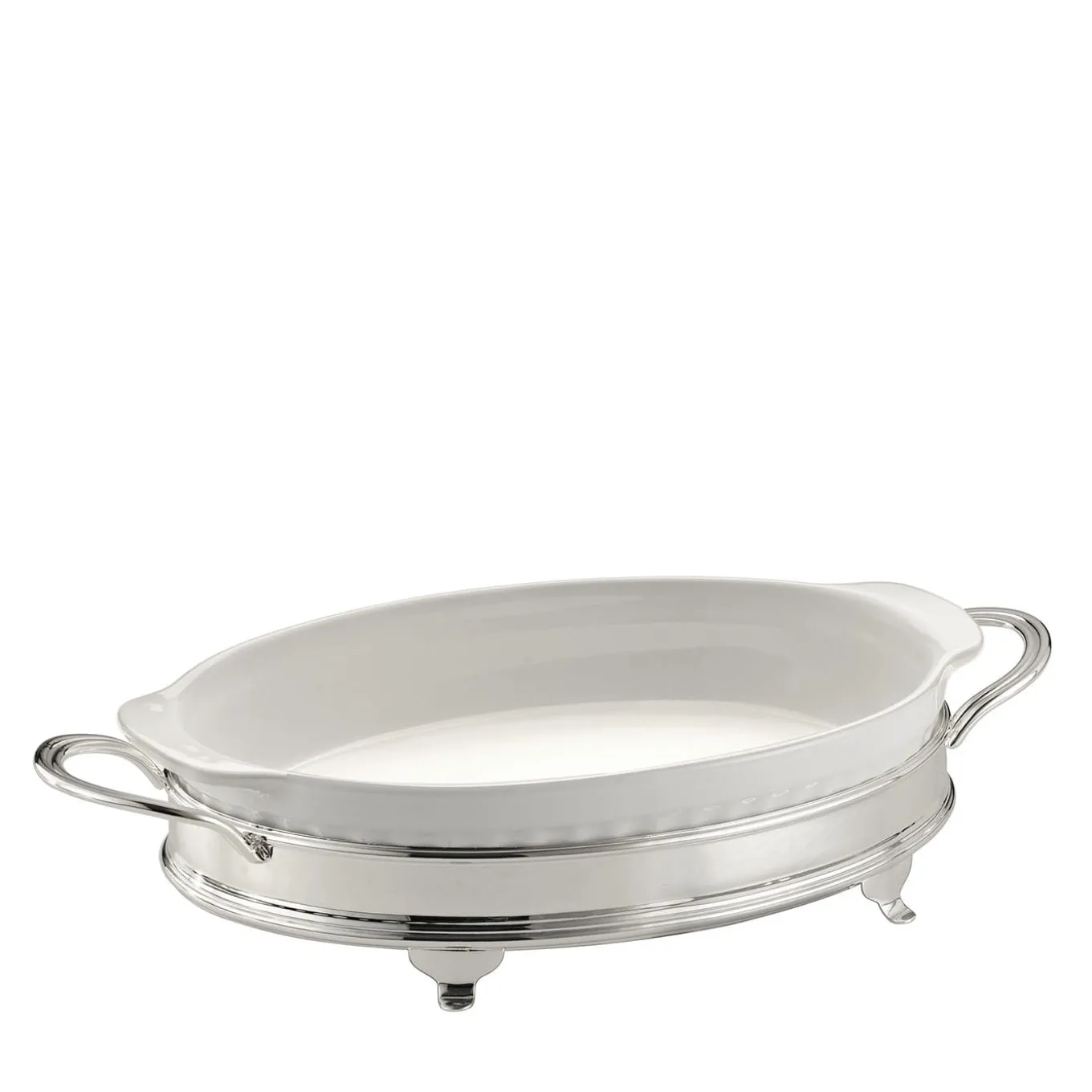 Oval Baking Dish with Two-Handle Silver Holder