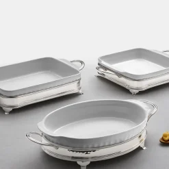 Oval Baking Dish with Two-Handle Silver Holder
