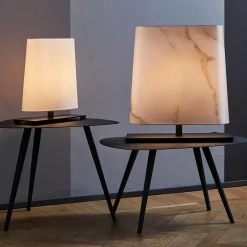 Oval Matte-Black Small Table Lamp with White Cotton Shade