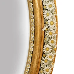 Oval Mirror with Capodimonte Porcelain Daisies and Hand-Applied Gold Leaf