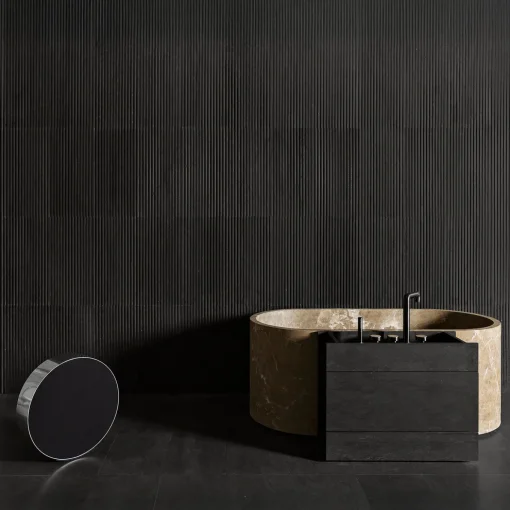 Passage Wood Storage Cabinet and oval Marble Bathtub