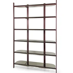 Petra Red Metal Bookcase with Curved Bronze Glass Shelves