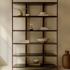 Petra Red Metal Bookcase with Curved Bronze Glass Shelves