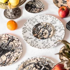 Pompei Set of 2 porcelain Bread Plates with grotesque drawing #6