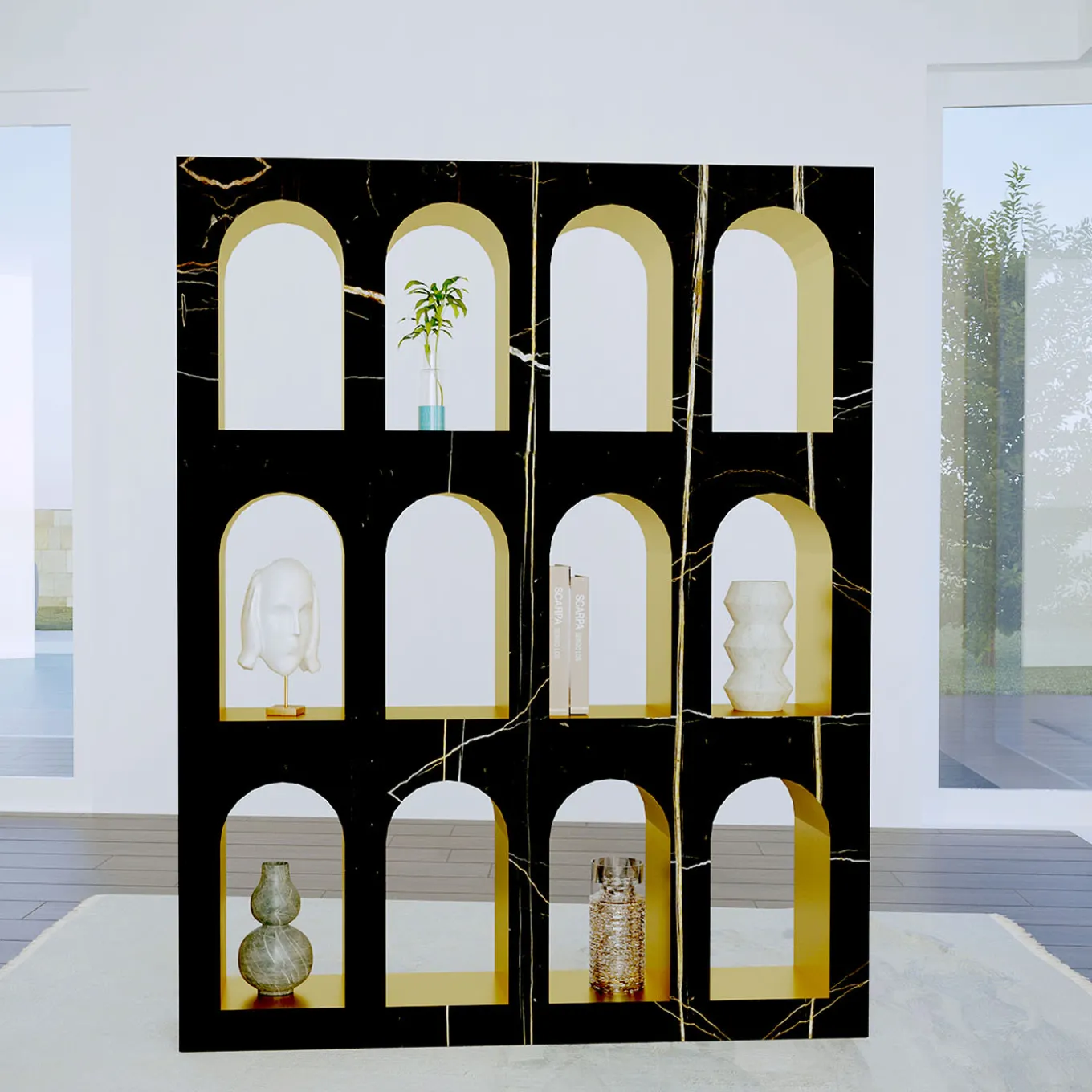 Portici Bookcase in Sahara Noir Marble by Sissy Daniele