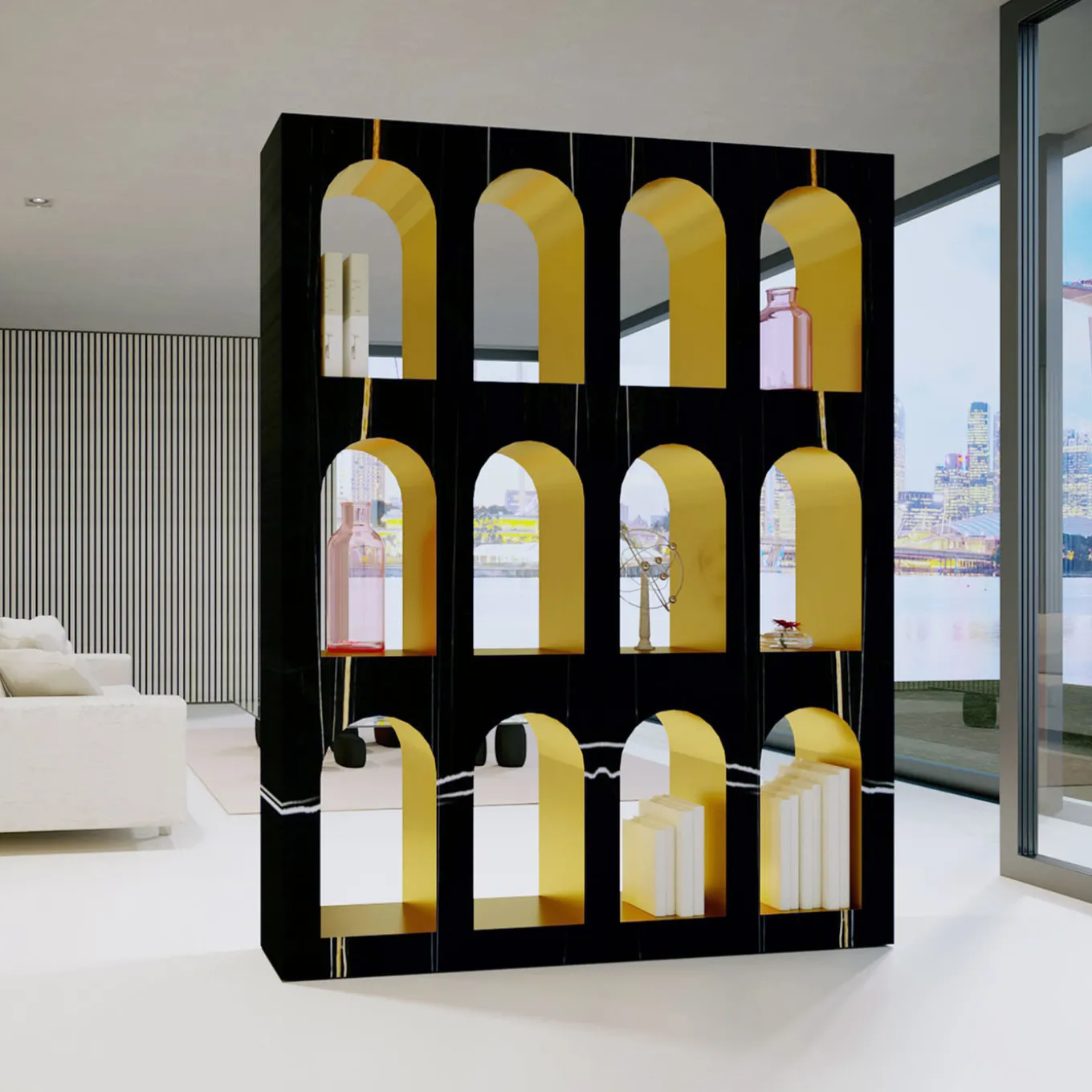 Portici Bookcase in Sahara Noir Marble by Sissy Daniele