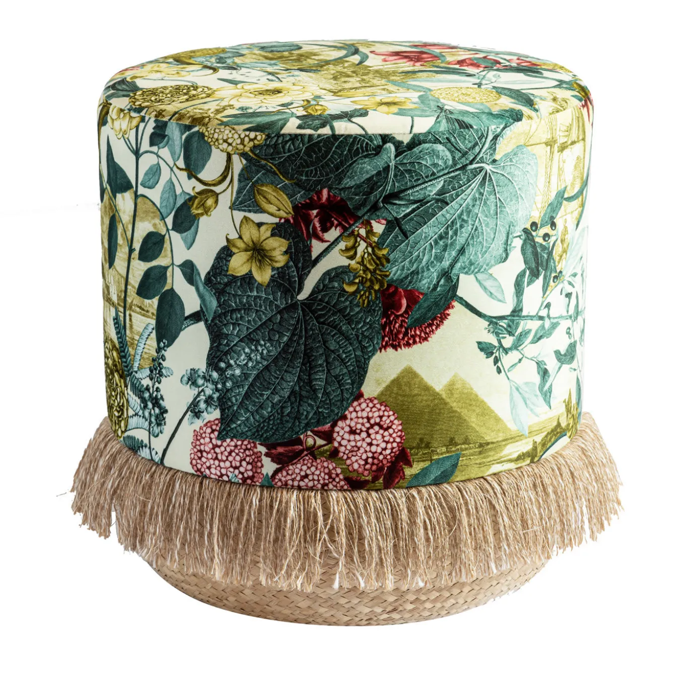 Pouf Notti d'Oriente with botanical fantasy and basket base