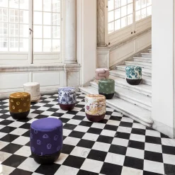 Pouf Vague Pink with Rubelli archive fabric and basket base