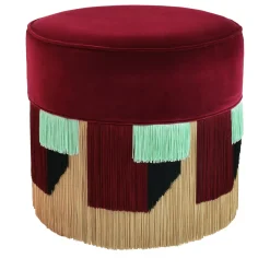 Red Cylinder Beechwood Pouf with Geometric Fringe