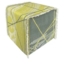 Reverso Fringed Cedar Yellow & Blue/Seaweed Green Jacquard Pouf