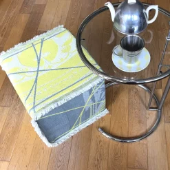 Reverso Fringed Cedar Yellow & Blue/Seaweed Green Jacquard Pouf